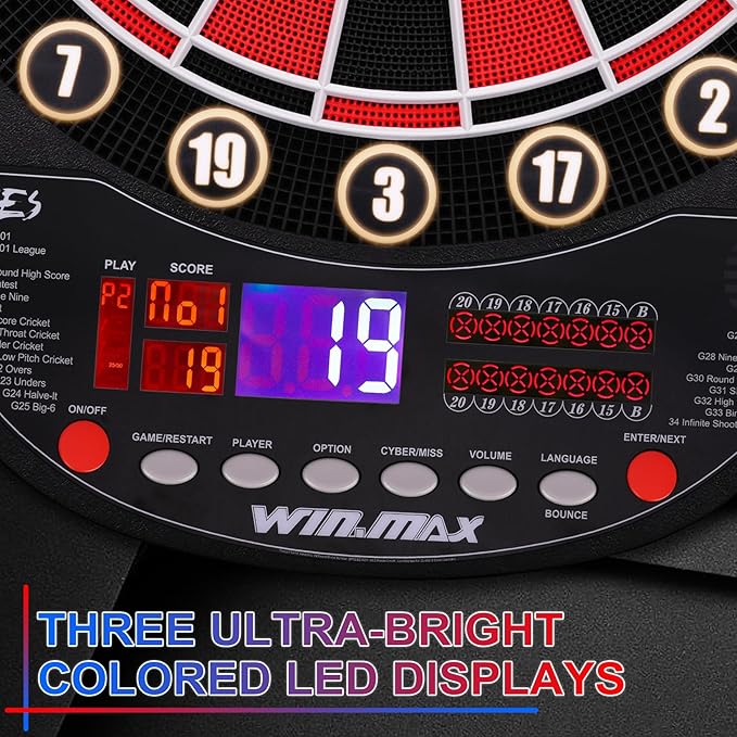 WIN.MAX Electronic Dart Board Soft Tip Dartboard Set LED Displays 3 Languages with 12 Darts 100 Tips Power Adapter