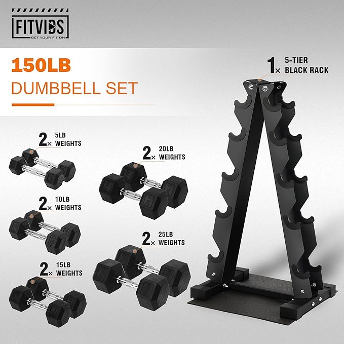 Rubber Coated Hex Dumbbell Weight Sets and Storage Rack, 100LBS Set or 150LBS Set, 5-20 lbs Pairs or 5-25 lbs Pairs