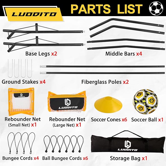 Soccer Rebounder Net, 2-in-1 Soccer Trainer, Soccer Training Equipment for Solo Passing Volley Control Practice, 6'x4.7' Large & 6'x16 Small Soccer Bounce Back Net with Ball, Carry Bag, Cones