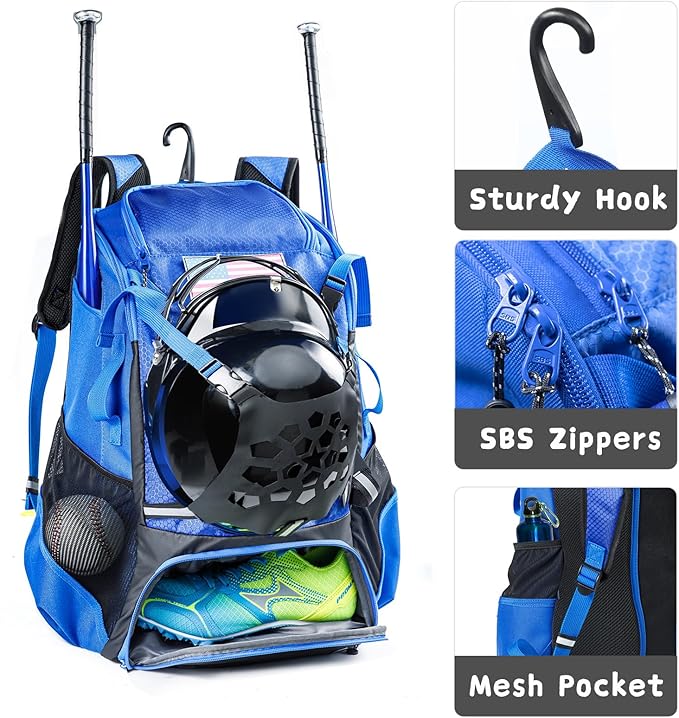 Baseball Backpack for Youth, Boys, Adults - Bat and Softball Equipment Bag With Glove Holder, Helmet, Shoes Compartment - T-Ball Accessories and Baseball Gifts