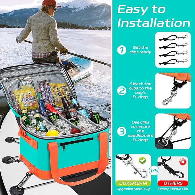 Paddle Board Cooler Waterproof, Super Capacity SUP Paddleboard Deck Cooler with Shoulder Strap & 6 Elastic Rope Clips, Paddle Board Accessories Bag for Stand Up Paddleboard and Kayak