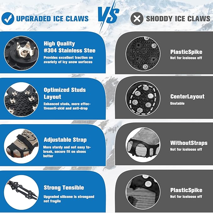 Ice Cleats Snow Traction for Shoes and Boots Ice Snow Crampons Ice Gripper for Walking on Snow and Ice 9-Studs Non Slip Ice Cleats Rubber Overshoe Slip-on Stretch Footwear Winter Hiking Climbing