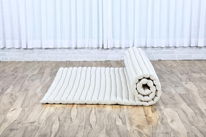 Leewadee - Foldable Floor Mattress - Japanese Roll Up Futon -Trifold Tatami Mat- Guest Floor Bed - Camping Mattress - Thai Massage Mat, Kapok Filled, 75 x 57 inches, Ecru