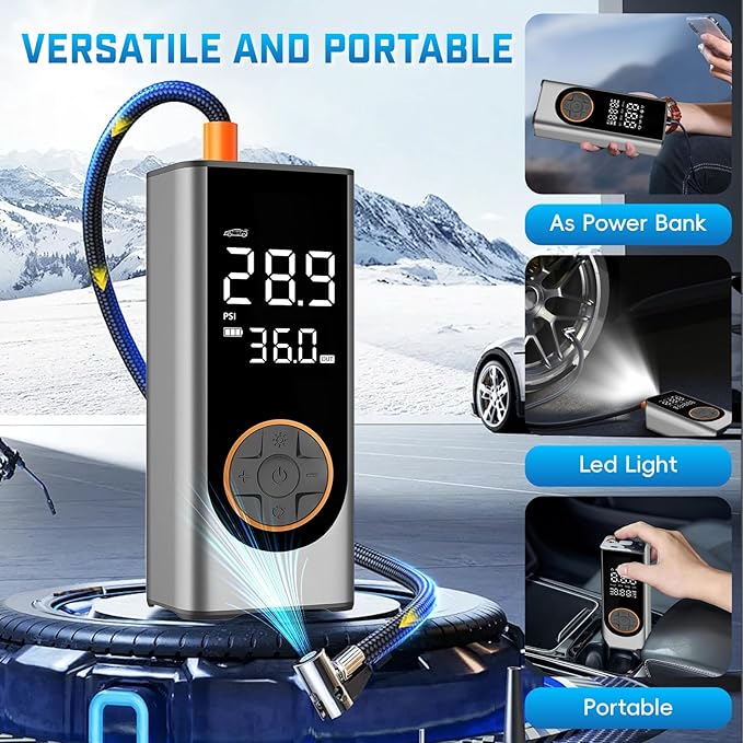 Tire Inflator Portable Air Compressor, 150PSI Cordless Air Pump for Car Tires, 4X Faster 12V DC Tire Pump with Tire Pressure Gauge, LED Light for Cars, Motorcycles, Bikes, Balls (Silver)