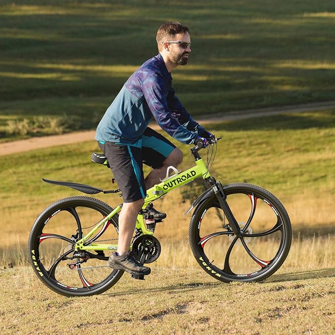 26 inch Folding Mountain Bike, Carbon Steel Frame and 21 Speed, Double Disc Brake and Dual Suspension Folding Bike for Adults/Men/Women, Easy Assembly Bicycle(Black/Green/Orange)