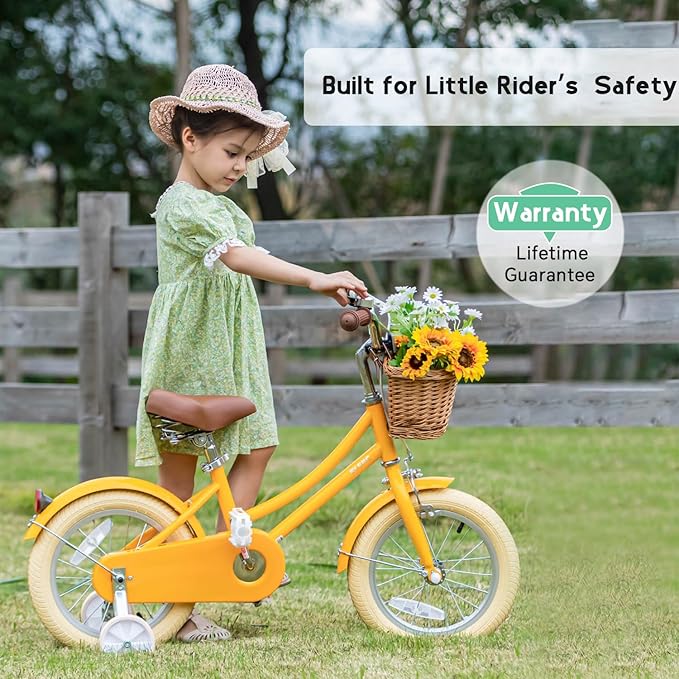Glerc Little Molly 12-20 Inch Kids Retro Cruiser Bike for 2-13 Year Old with Wicker Basket & Training Wheels/Kickstand, Multiple Colors