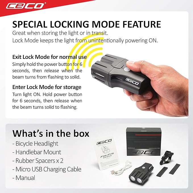 CECO-USA: 2,000 Lumen USB Rechargeable Bike Light – Tough & Durable IP67 Waterproof & FL1 Impact Resistant– Super Bright F2000 Bicycle Headlight – for Commuters, Road Cyclists & Mountain Bikers