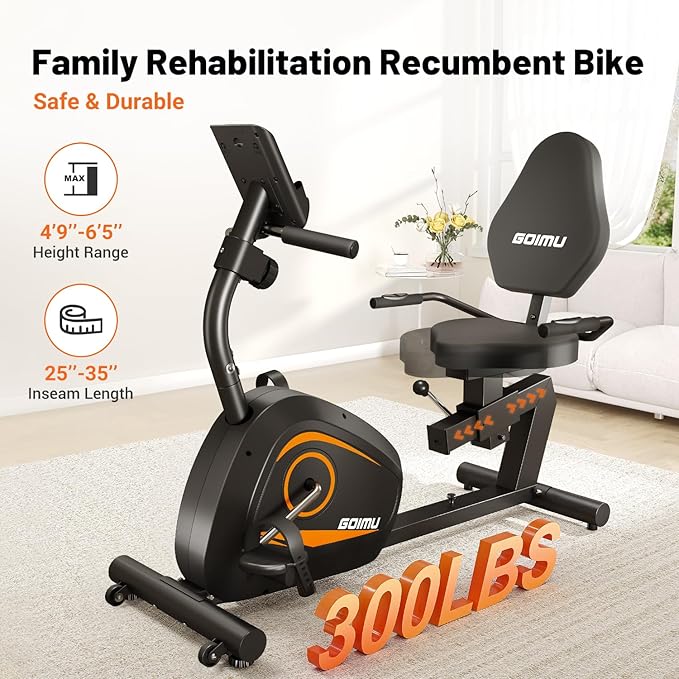 Recumbent Exercise Bike, Stationary Bikes for Home Magnetic Recumbent Bike with Adjust Seat for Adults Seniors, 300LB Capacity & 8-level Resistance, LCD Monitor and Heart Rate Handle