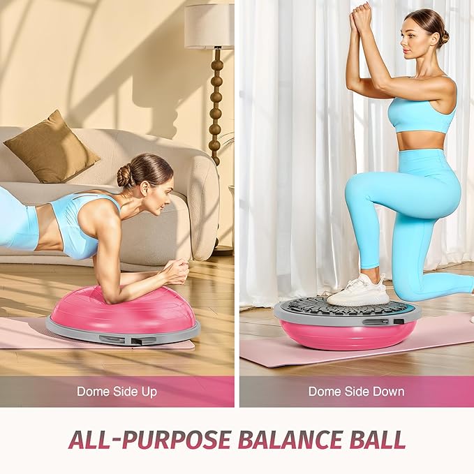 ZELUS 25in. Balance Ball | 660lb Inflatable Half Exercise Ball Wobble Board Balance Trainer w Nonslip Base | Half Yoga Ball Strength Training Equipment w 2 Bands, Pump, Extra Ball Included