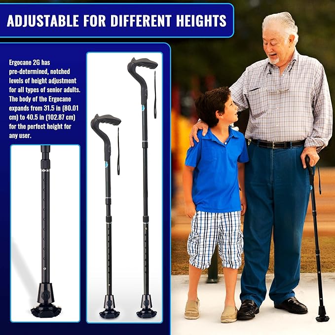 Ergocane 2G by Ergoactives As Seen On TV. Spring-Assisted Shock Absorber Fully-Adjustable Ergonomic Cane, Newly Released, Equipped with Stand Alone High Performance Rubber Tip (Matte Black Design)