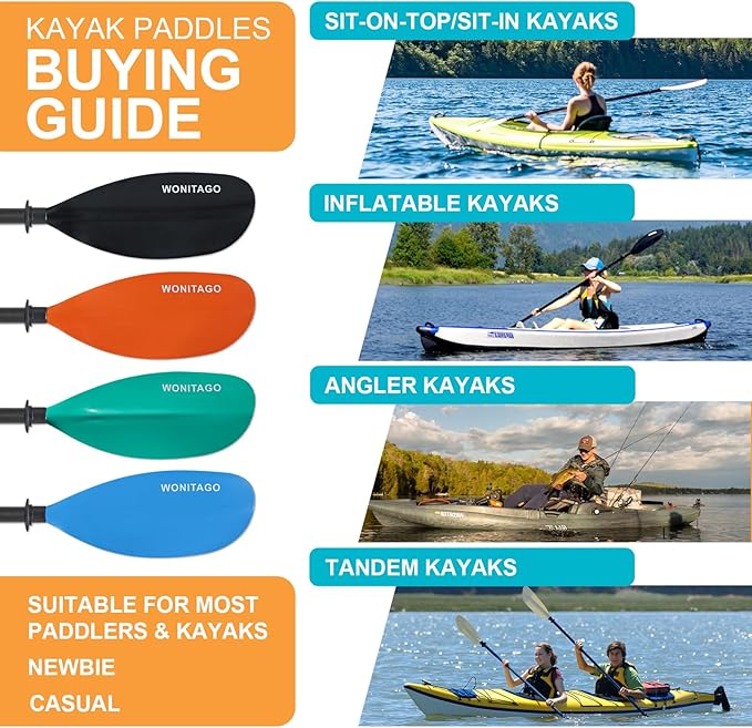 Kayak Paddle with Fiberglass Shaft and Reinforced Nylon Blade, Adjustable Kayaking Oars, 3 Piece, 230-250 cm/90-98 inches, 210-230 cm/82-90 inches