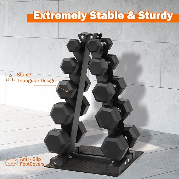 Rubber Coated Hex Dumbbell Weight Sets and Storage Rack, 100LBS Set or 150LBS Set, 5-20 lbs Pairs or 5-25 lbs Pairs