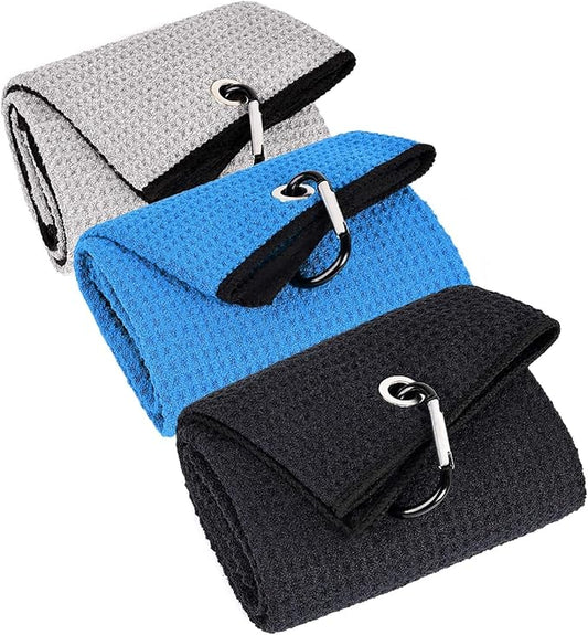 3 Pack Large Golf Towels, 16" x 24" Tri-Fold Portable Microfiber Fabric Waffle Pattern Golf Towel for Golf Bag with Carabiner Clip to Quickly Remove Sand, Mud, Dirt and Sweat