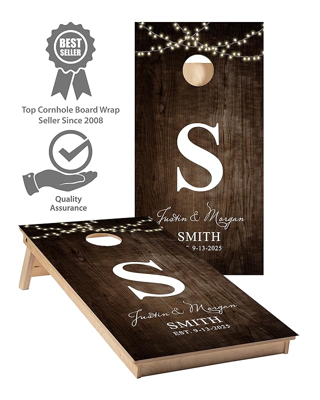 Wedding/Couples Cornhole Wraps #828 - Lights/Wood Couples Cornhole Wraps - Cornhole Graphic Decals - Includes Application Squeegee - Set of (2) 25" x 49" Wraps with Gloss Laminate