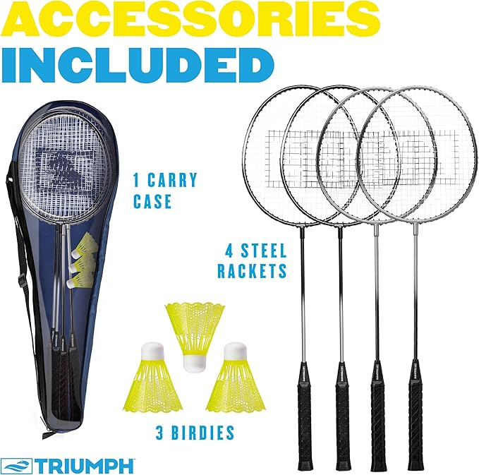 Triumph Sports 4-Player Badminton Set with 4 Rackets, 3 Shuttlecocks and 1 Carry Case, Black