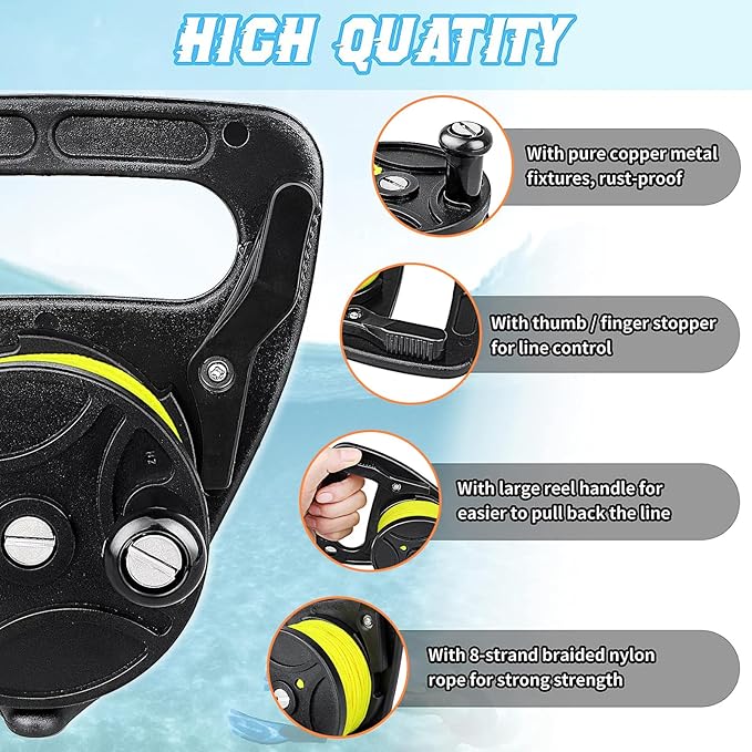 Compact 150ft Scuba Dive Reel Kayak Anchor with Thumb Stopper for Safety Underwater Diving Snorkeling