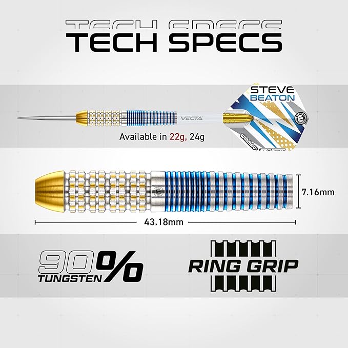 WINMAU Darts - Professional Player - Steve Beaton Legacy Edition 90% Tungsten Darts Set with Dart Flights and Dart Shafts (Stems) – Available in Soft and Steel Tip - Available weights 18g, 22g and 24g