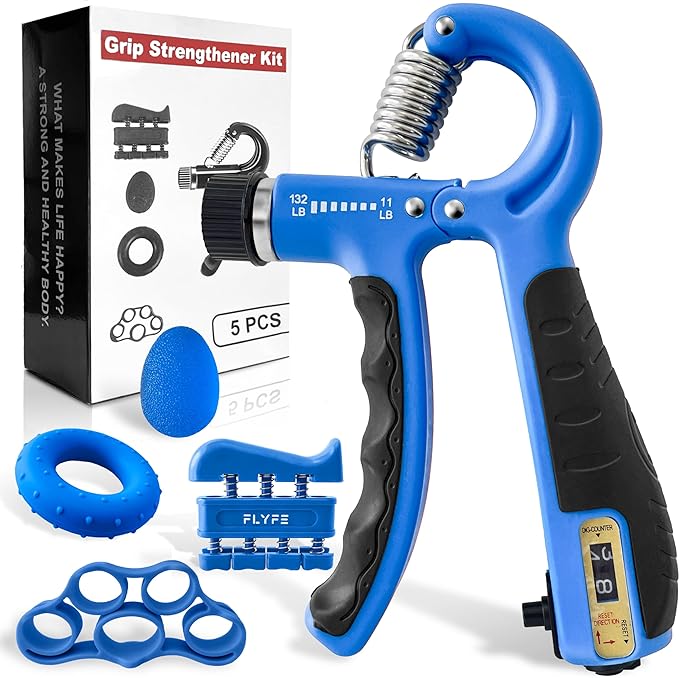 FLYFE Grip Strength Trainer Kit (5 Pack), Forearm Strengthener, Hand Squeezer Adjustable Resistance, Finger Stretcher, Grip Ring, Relief Ball and Finger Exerciser for Men and Women, Injury Recovery