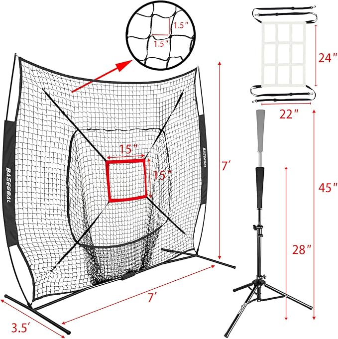 7'×7' Baseball Softball Practice Net,Baseball Backstop,with Batting Tee,for Hitting Pitching Batting Catching with Bow Frame,Bonus Strike Zone