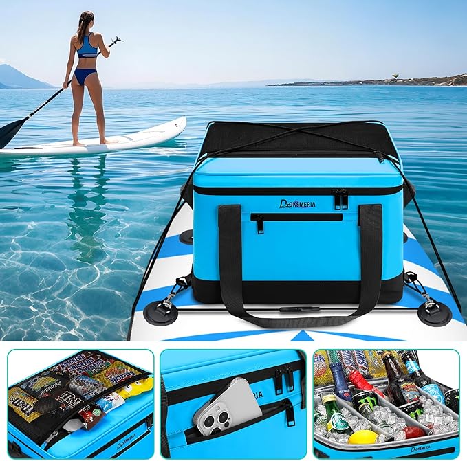 Paddle Board Cooler Waterproof, Super Capacity SUP Paddleboard Deck Cooler with Shoulder Strap & 6 Elastic Rope Clips, Paddle Board Accessories Bag for Stand Up Paddleboard and Kayak