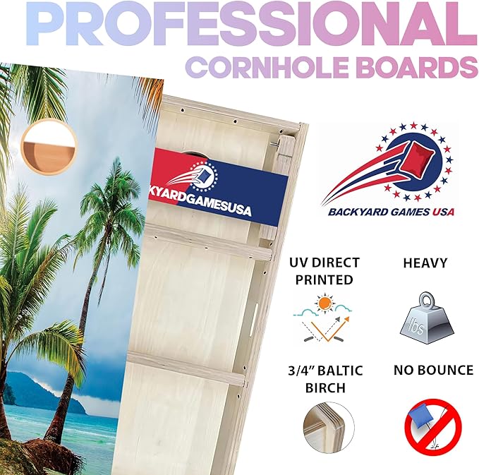 CornholeGamesUSA Pro Cornhole Boards Set | Made in USA | 3/4 Baltic Birch | No Bounce | Triple Thick Legs | Two Brace & Handles, Tournament 2x4 Regulation Set with Score Tower & Cornhole Bags