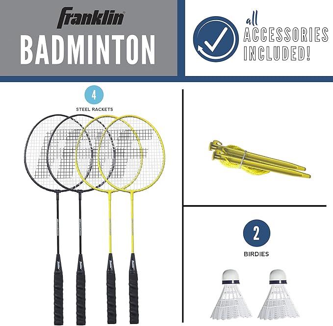Franklin Sports Badminton Net Sets - Outdoor Backyard + Beach Badminton Net + Equipment Set - (4) Rackets + (2) Birdies + Portable Net Included - Adults + Kids Set
