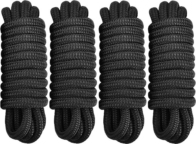 4 Pack 1/2" x 20' Dock Lines - Marine Grade Nylon Boat Ropes with 12" Eyelet for Docking and Mooring - Double Braided Boat Lines, High Strength, Easy Handling, Fray Resistant - Black