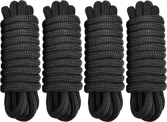 4 Pack 1/2" x 20' Dock Lines - Marine Grade Nylon Boat Ropes with 12" Eyelet for Docking and Mooring - Double Braided Boat Lines, High Strength, Easy Handling, Fray Resistant - Black