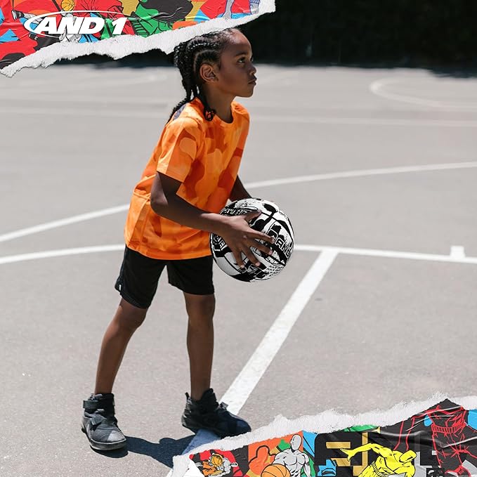 AND1 Street Art 27.5 Basketball : Youth Sized Rubber Streetball for Indoor and Outdoor Use, Deep Channel Construction and Durability, Ideal for Boys and Girls Ages 9-11, Includes 10” Pump