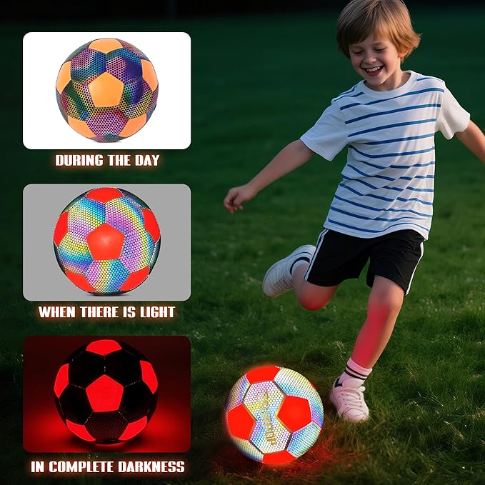 Glow in The Dark Soccer Ball with LED Lights - Light Up Soccer Ball for Night Games, Size 5 Gift for Kids & Adults, Includes Pump