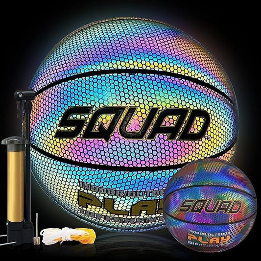 SQUAD NightPlay Reflective Basketball Size 5, Size 7 - Cool Holographic Glow Basketball for Night Game, Ideal Gift for Boys Girls 10-14 Year Old, Cool Teen Toys