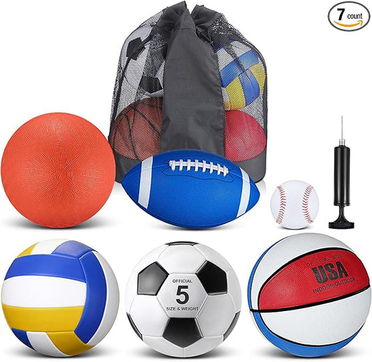 Libima 6 Pcs Multi Sport Ball Set Official Size Football, Basketball, Soccer, Volleyball, Playground Ball, Baseball with Sports Equipment Bag Pump for Teen Adult Back to School