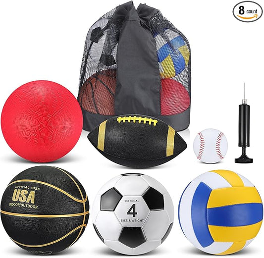 Realspring 6 Pcs Multi Sport Ball Set for Kid Teen Operation Christmas Official Size Football, Basketball, Soccer, Volleyball, Playground Ball, Baseball with Sports Equipment Bag Pump