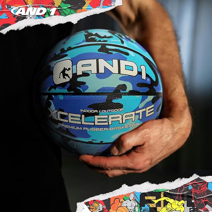 AND1 Xcelerate Rubber Basketball: Official Regulation Size 7 (29.5”) Streetball, Made for Indoor/Outdoor Games
