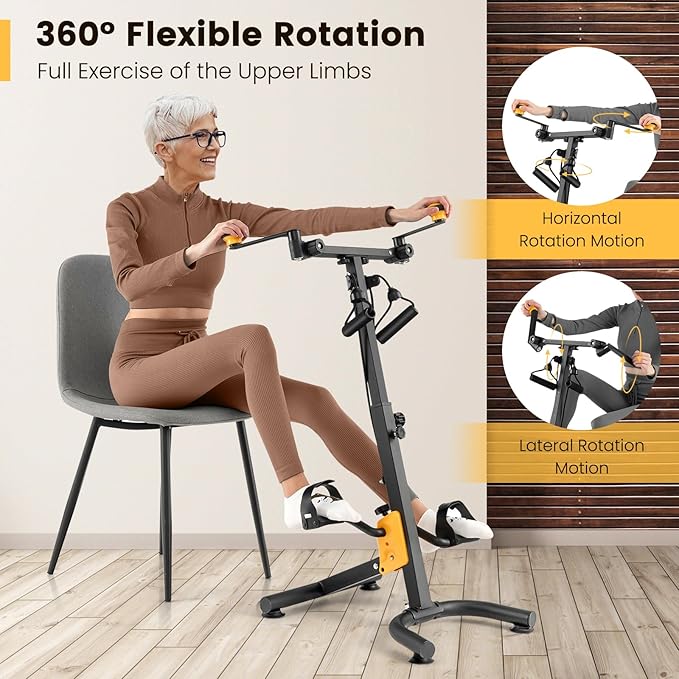 Goplus Foldable Pedal Exerciser for Seniors, Hand Arm Leg Knee Physical Therapy Exercise Bike w/Adjustable Height, Handgrip, Resistance Band, Recovery Home Workout Equipment for Elderly
