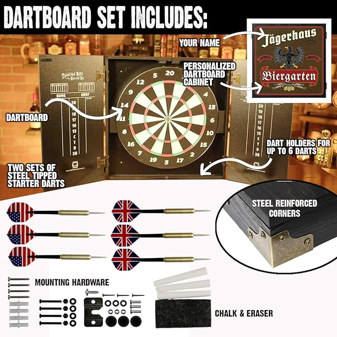 THOUSAND OAKS BARREL CO. | Personalized Dartboard & Cabinet Set with 6 Steel Tip Darts