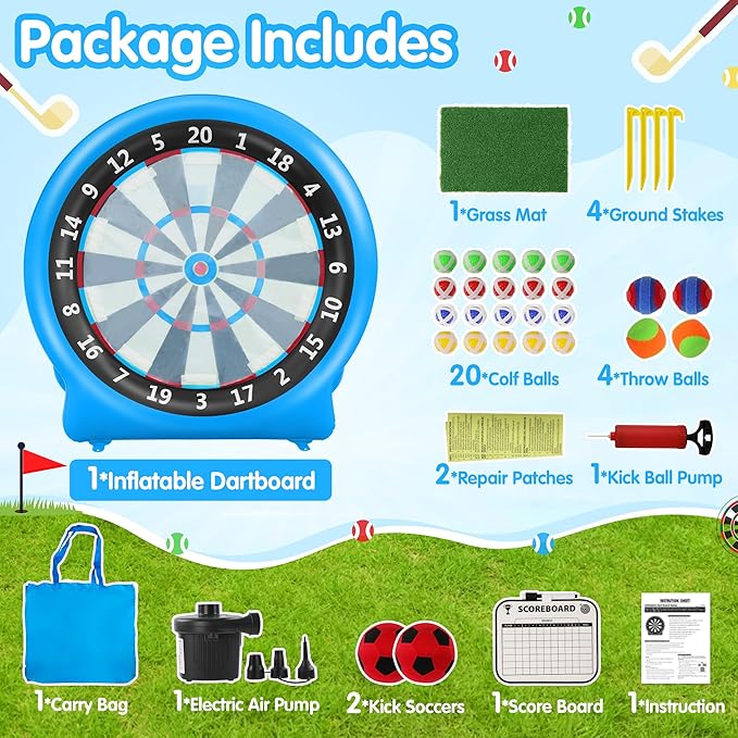 6FT Inflatable Dartboard, Giant Kick Darts Soccer Darts Golf & Throw Dart with Air Pump, Giant Outdoor Games, Blow up Soccer Dart for Yard Party Large Dartboard for Kids & Adults 20+Games