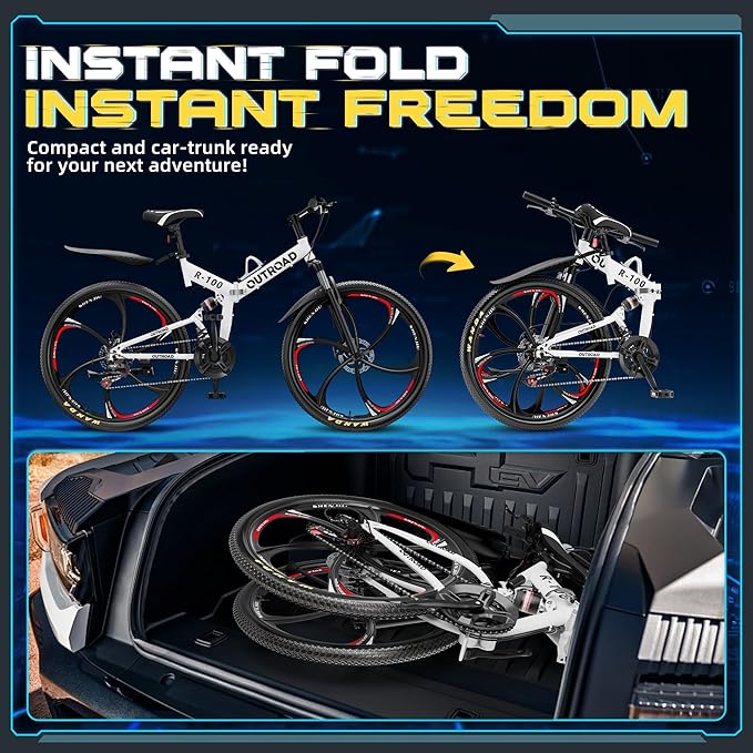 26 Inch Folding Mountain Bike with High Carbon Steel, 21 Speed City Bike with Dual Suspension, Folding Bicycle for Adults Men and Women