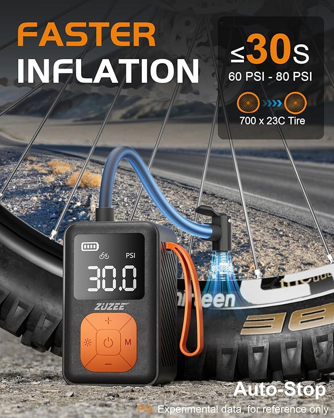 Mini Bike Pump, 150 PSI Portable Bicycle Pump with Gauge, 3X Faster & Auto Stop & Brushless Motor, Electric Bike Tire Pump with Presta and Schrader Valve for Road Bike, MTB, Motorcycle, Ball,etc