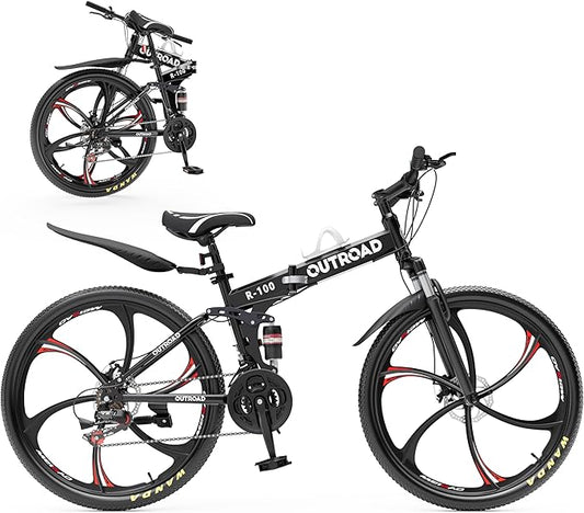 Outroad Folding Mountain Bike Foldable/Unfoldable Bike 26 Inch for Adult, 21-Speed Dual Suspension High-Carbon Steel MTB Foldable Bicycle, Dual Disc Brake Folding Bikes for Women and Men