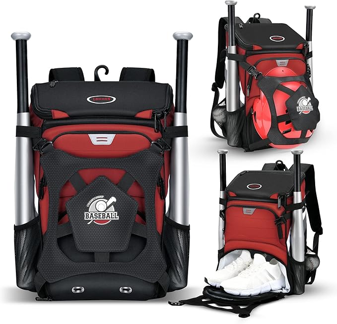 Baseball Backpack for Adult and Youth, Large Capacity Lightweight Softball Bag With Shoe Compartment and Fence Hook for TBall Bat & Equipment, Waterproof for Helmet, Gloves