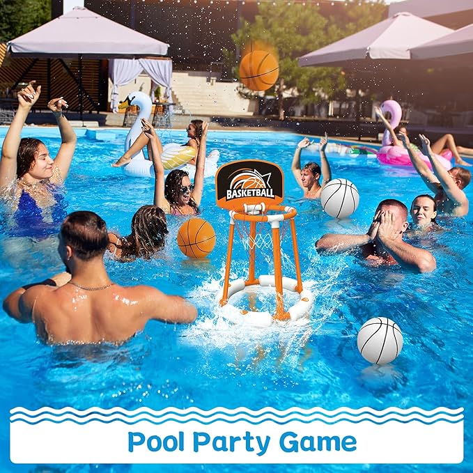 Pool Basketball Hoop with Backboard, Floating Basketball Hoop for Pool with 4 Balls & Pump, Pool Toys for Kids and Adults