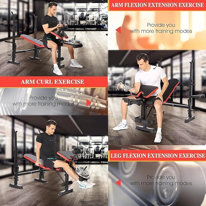 660lbs Weight Bench Set With Squat Rack, 6 in 1 Bench Press Set with Preacher Curl Pad, Weight Benches for Home Gym With Leg Extension, Foldable Incline Decline Workout Bench (Yellow)