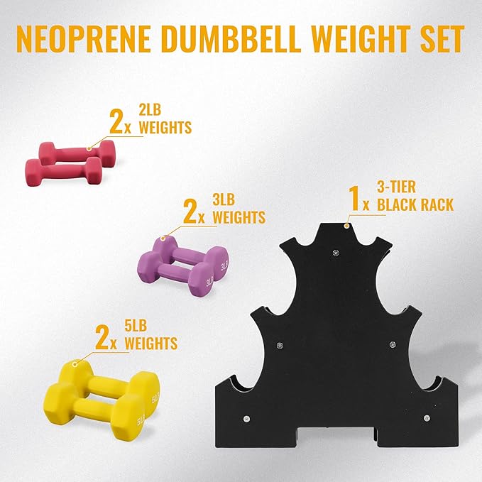 Neoprene Coated Dumbbell Set with Rack, Free Hand Weight Set For Home Gym Workout, Anti-Slip, Anti-roll, 20LBS, 32LBS, 50LBS and 56LBS Sets, Multiple Weight Options