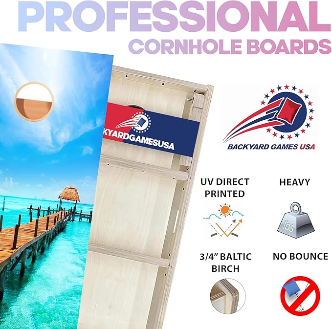 CornholeGamesUSA Pro Cornhole Boards Set | Made in USA | 3/4 Baltic Birch | No Bounce | Triple Thick Legs | Two Brace & Handles, Tournament 2x4 Regulation Set with Score Tower & Cornhole Bags