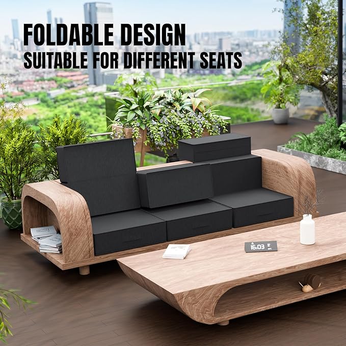 6 Inch Thick Foldable Deep Seat Cushion, 2 PCS 23 x 26 Inch Outdoor Water & Fade Resistant Olefin Patio Furniture Replacement Chair Cushion, with Removable Cover, Handle and Straps, Dark Gray