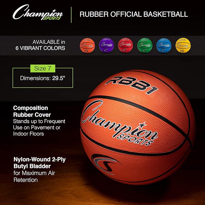 Champion Sports Rubber Basketballs – Heavy Duty Pro-Style, Indoor/Outdoor Use, Premium Basketball Equipment for Physical Education, Various Sizes & Colors (Size 3, 5, 6, 7)
