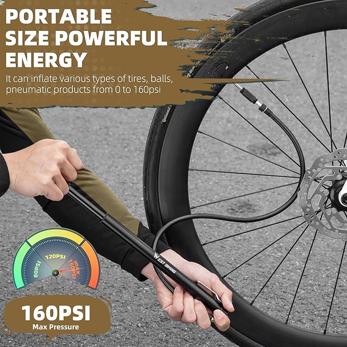 Mini Bike Pump Portable Bicycle Pump, Aluminum Alloy 160PSI Floor Bike Pump Fits Presta And Schrader Valves, Lightweight Air Bike Tyre Pump for Road Mountain Bike Balls