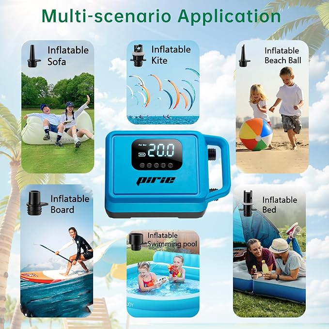 PIRIE Electric Paddle Board Pump,with Auto-Off Intelligent Dual-Stage Inflation & Deflation, for Kayaks and Boats