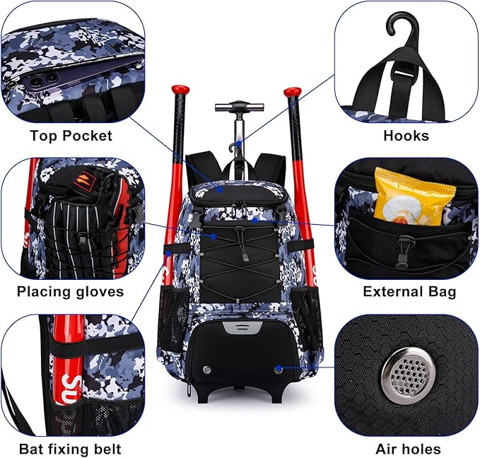 Softball Bag, Baseball Rolling Bat Bag - Wheeled for Youth Girls Adult, Lightweight Equipment Backpack With Shoe Compartment, Fence Hook for TBall, Helmet